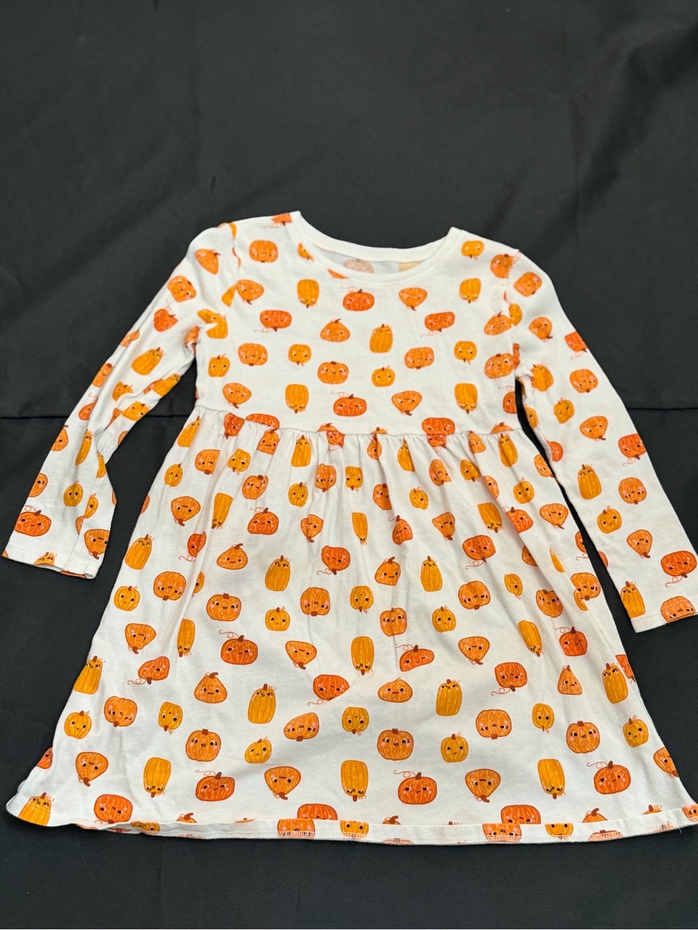 Old Navy White and Orange Pumpkin Print Long-Sleeve Dress
